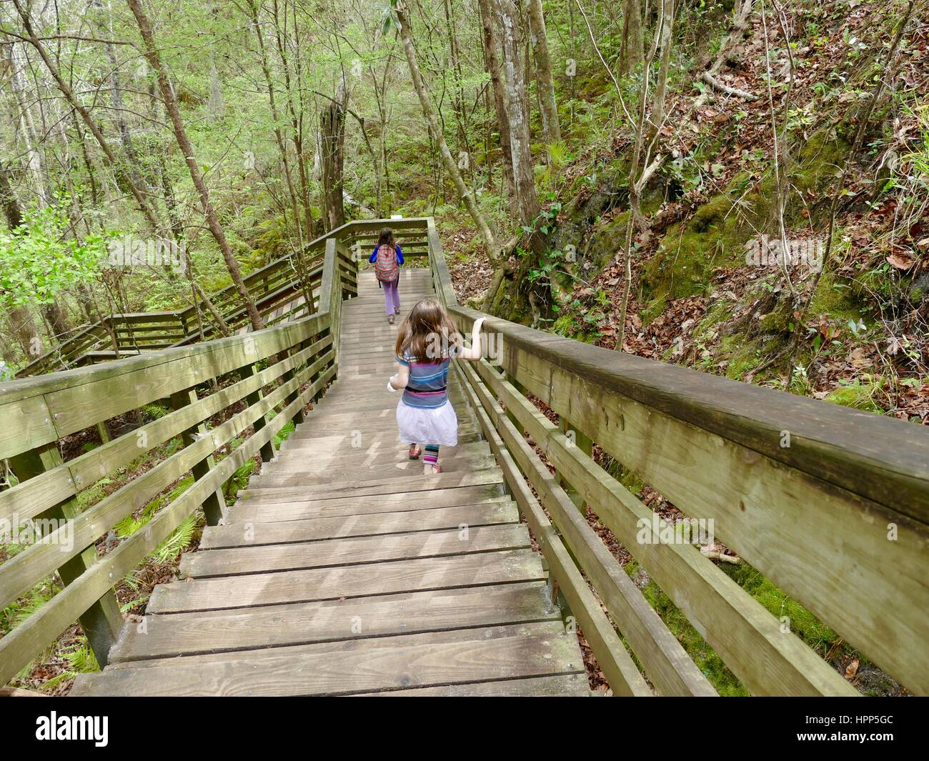 Les filles en ordre décroissant les étapes dans le trou du diable évier MIllhopper à Devil's Parc géologique MIllhopper, Gainesville, Floride, USA Banque D'Images