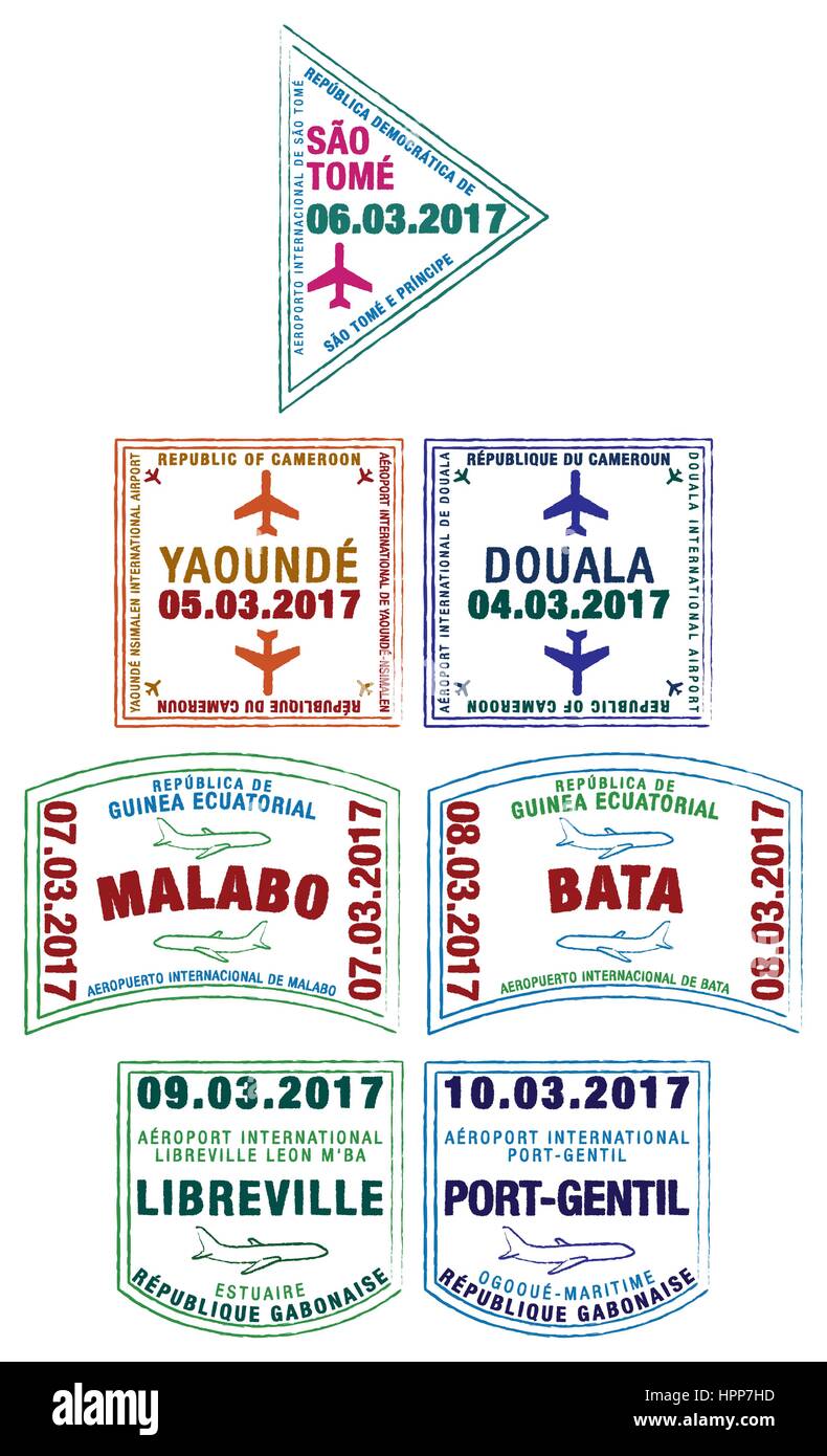 Timbres de Passeport stylisé de Sao Tomé-et-Principe, le Cameroun, la Guinée équatoriale et le Gabon en format vectoriel. Illustration de Vecteur