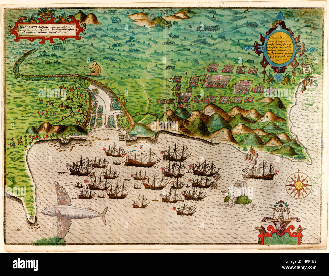 Carte montrant une vue d'ensemble de Sir Francis Drake attaque la flotte corsaire de Ribeira Grande la capitale de Santiago, la plus grande île de l'archipel du Cap Vert en 1585. Publié à Londres, 1589. Banque D'Images