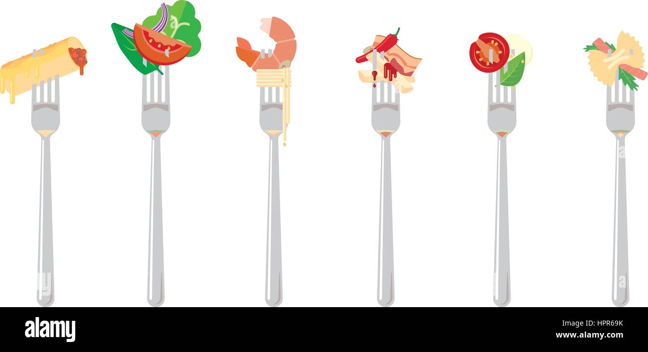 Modèle plat vector illustration de différentes portions des plats italiens sur fourches Illustration de Vecteur