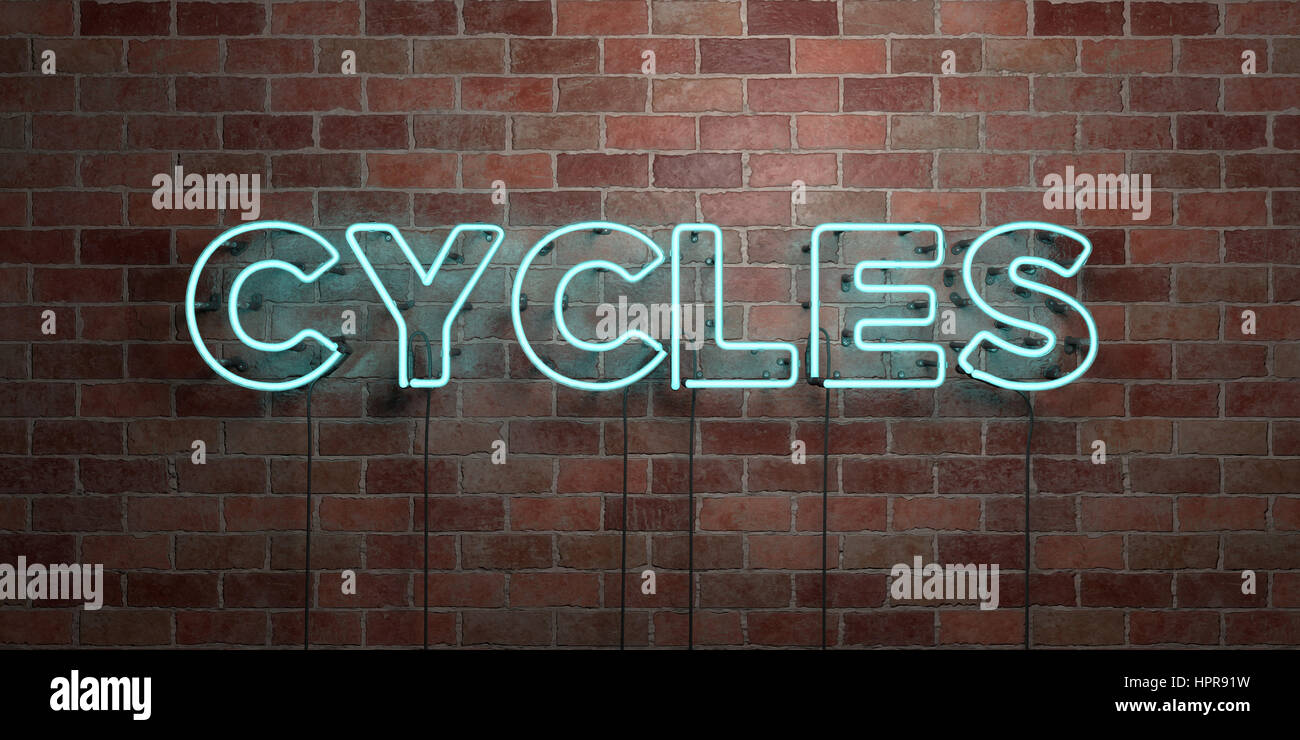 Tube néon fluorescent - cycles de signer sur la maçonnerie - Vue avant - 3D Rendered image stock photo. Peut être utilisé pour des bannières publicitaires en ligne et direct m Banque D'Images Tube néon fluorescent - cycles de signer sur la maçonnerie - Vue avant - 3D Rendered image stock photo. Peut être utilisé pour des bannières publicitaires en ligne et direct m Banque D'Images