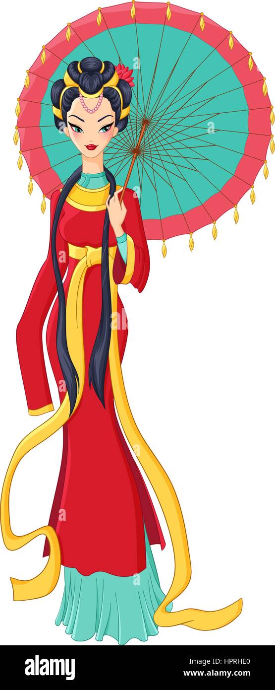 Femme chinoise en costume traditionnel holding umbrella. Illus vectoriel Illustration de Vecteur