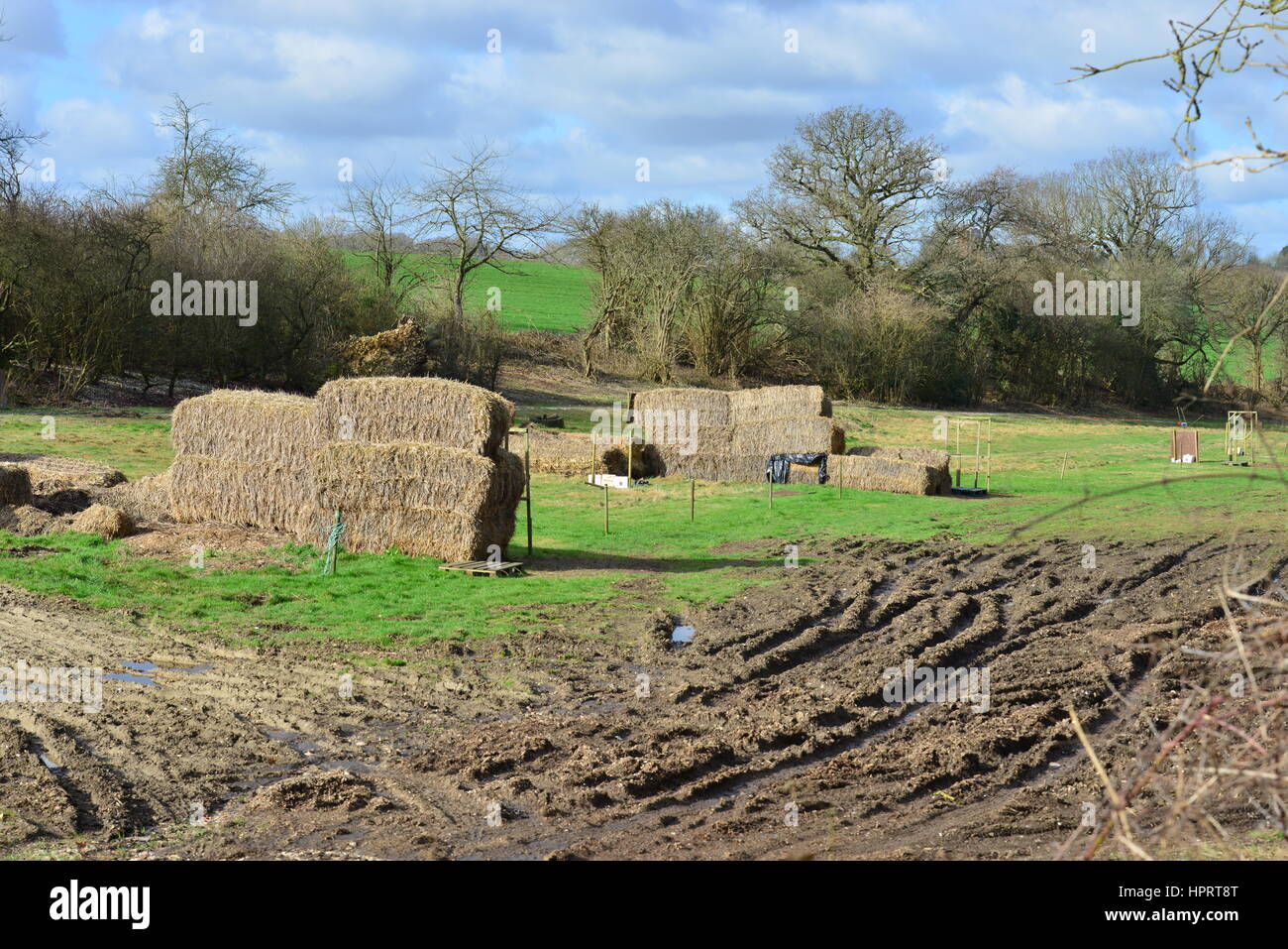 Bottes de paille dans un champ, les agriculteurs à Coulsdon Surrey Banque D'Images