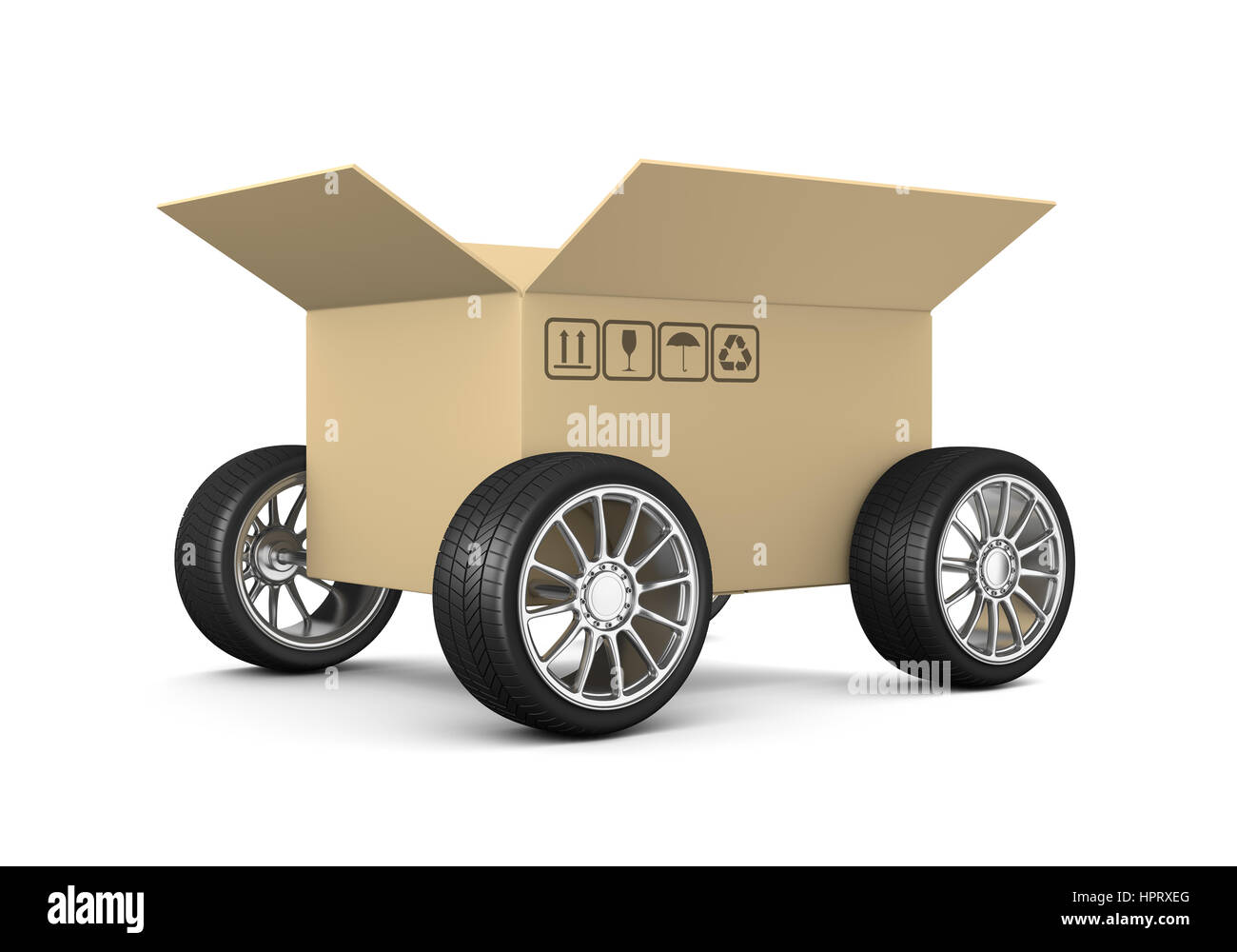 Ouvrez la boîte de carton sur roues sur fond blanc 3D Illustration, concept d'expédition Banque D'Images