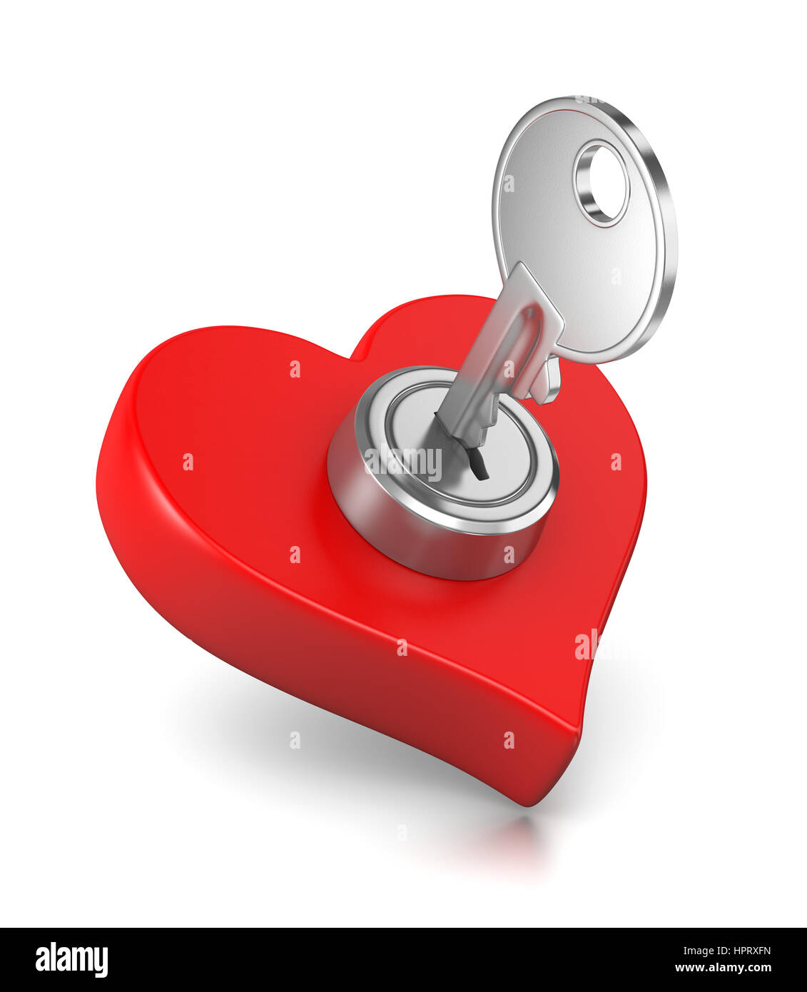Clé de métal insérée dans une serrure en forme de coeur rouge 3D Illustration sur fond blanc Banque D'Images
