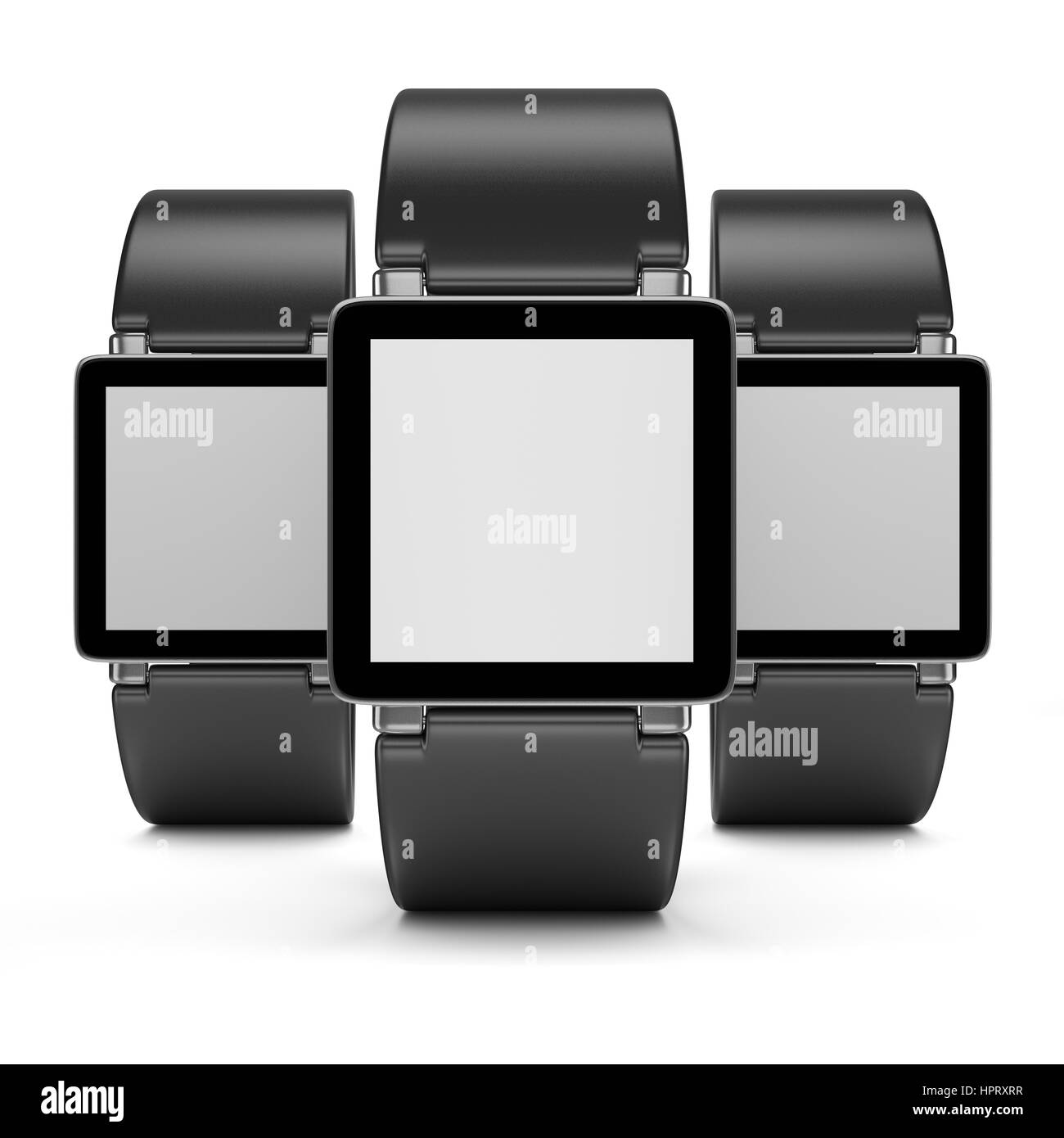 Trois Black Smartwatch avec écran blanc sur fond blanc 3D Illustration, vue avant Banque D'Images