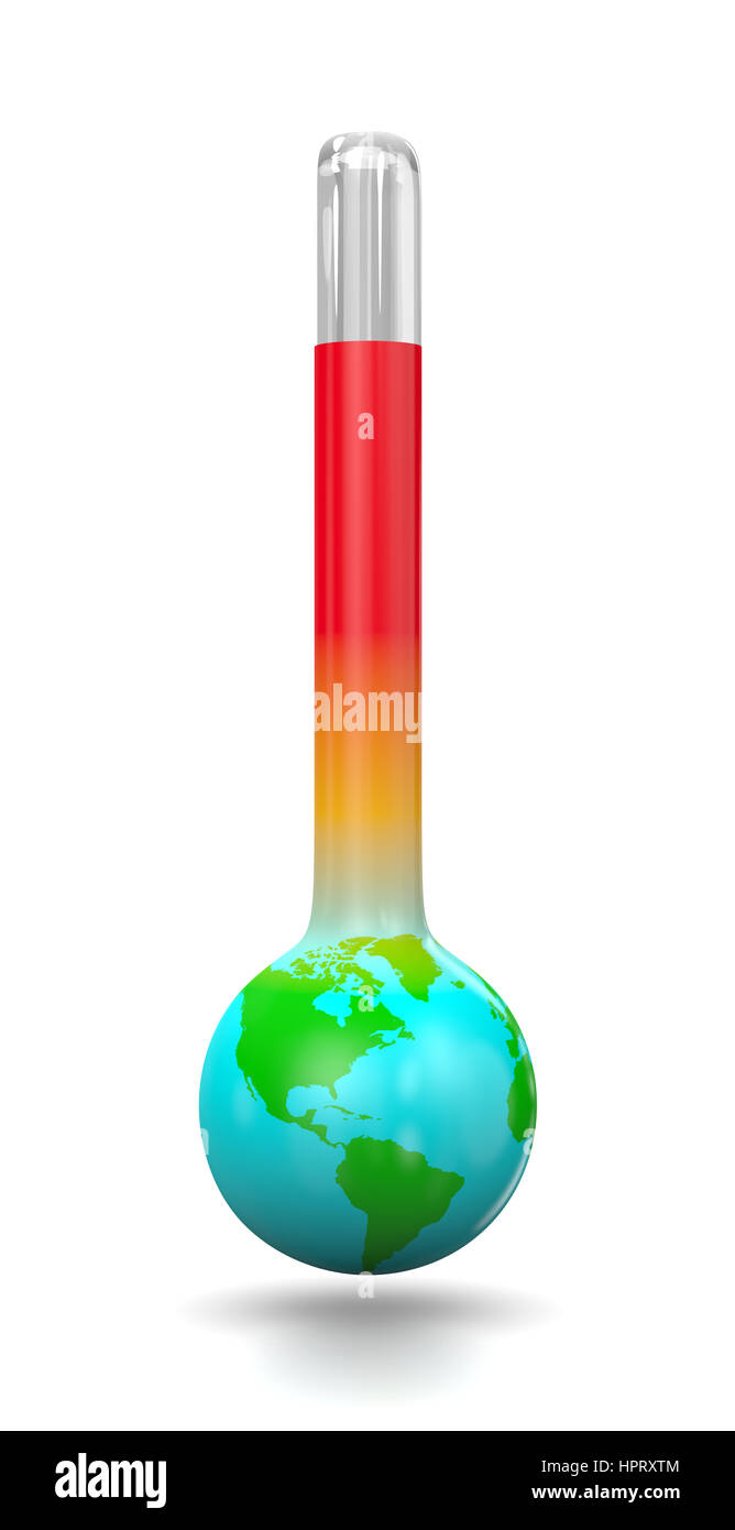 La terre dans la forme d'un thermomètre isolé sur fond blanc 3D Illustration, le réchauffement de la notion Banque D'Images