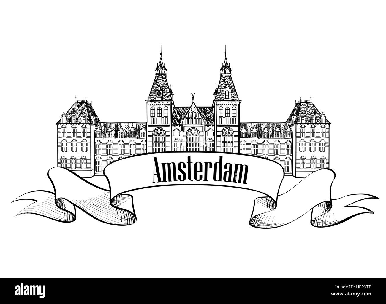Vue d'amsterdam. central railway station, Pays-Bas bâtiment historique symbole. part l'icône esquisse dessinée Illustration de Vecteur