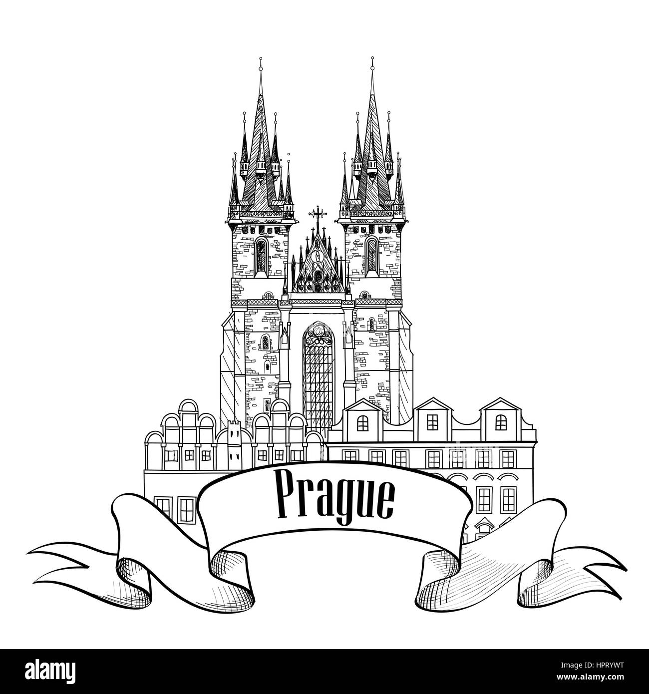 Historique de Prague, la cathédrale de Tyn et tour de l'horloge croquis. billet symbole européen. Illustration de Vecteur