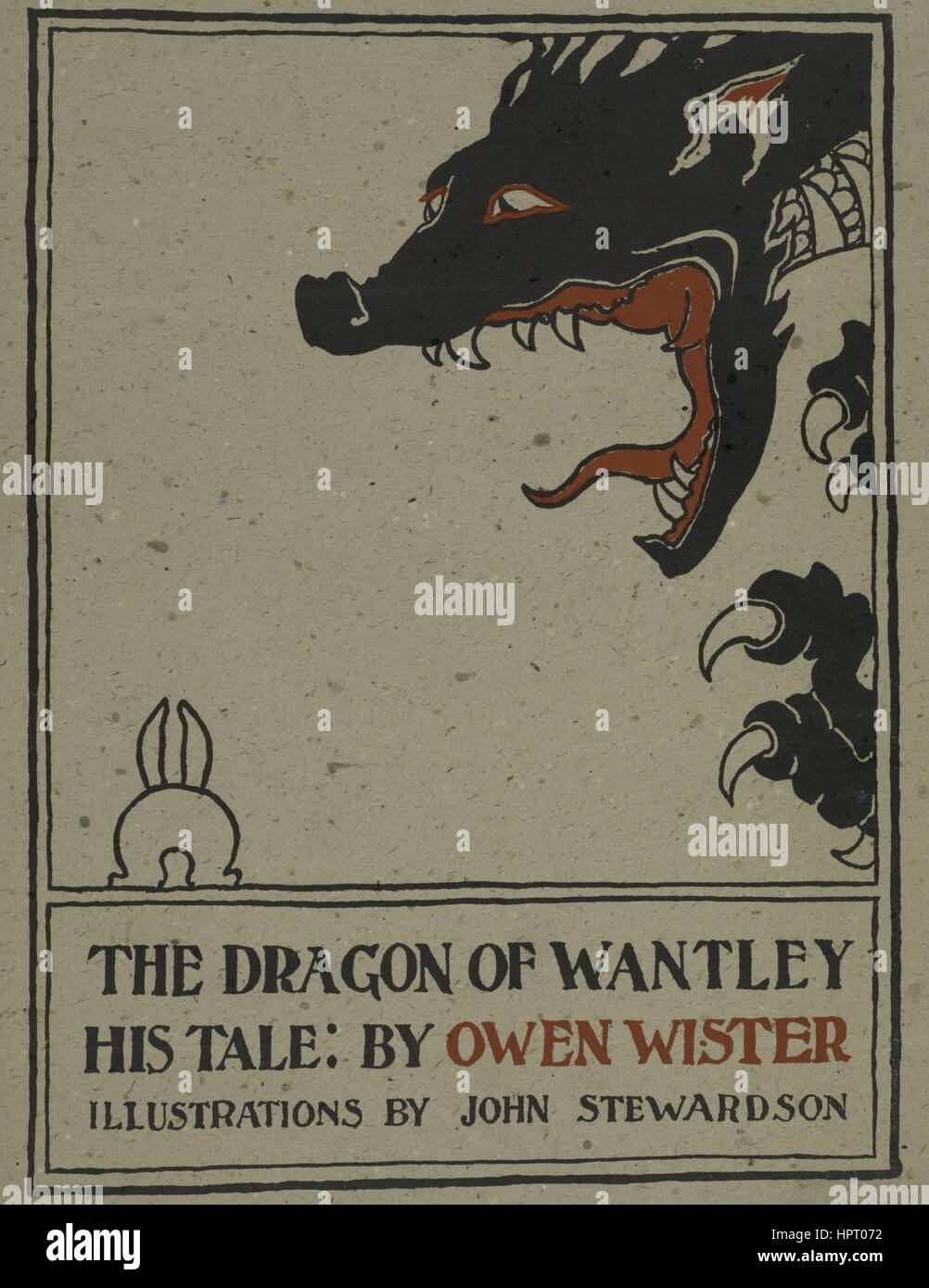 Poster publicité pour un livre intitulé Le Dragon de Wantley par Owen Wister avec des illustrations de John Stewardson Way qui dépeint un grand rugissement de dragon à un petit lapin, 1903. À partir de la Bibliothèque publique de New York. Banque D'Images