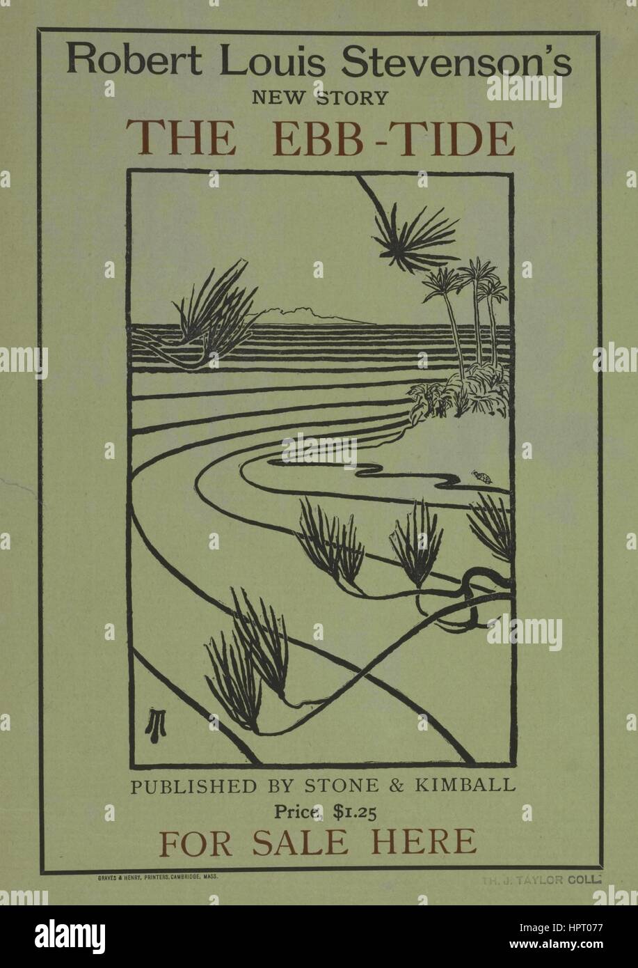Poster publicité pour un livre intitulé Le Ebb-Tide par Robert Louis Stevenson qui illustre un champ avec un couple de plantes poussant dans l'avant-plan, 1903. À partir de la Bibliothèque publique de New York. Banque D'Images