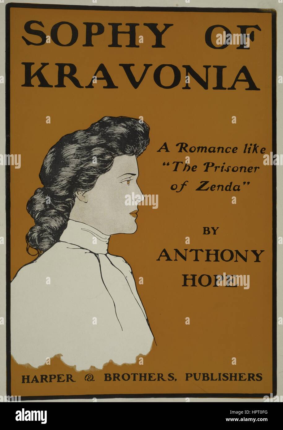 Poster publicité pour un livre intitulé Sophy d Kravonia par Anthony Hope qui affiche une vue de la poitrine d'une femme sur le côté face, 1903. À partir de la Bibliothèque publique de New York. Banque D'Images