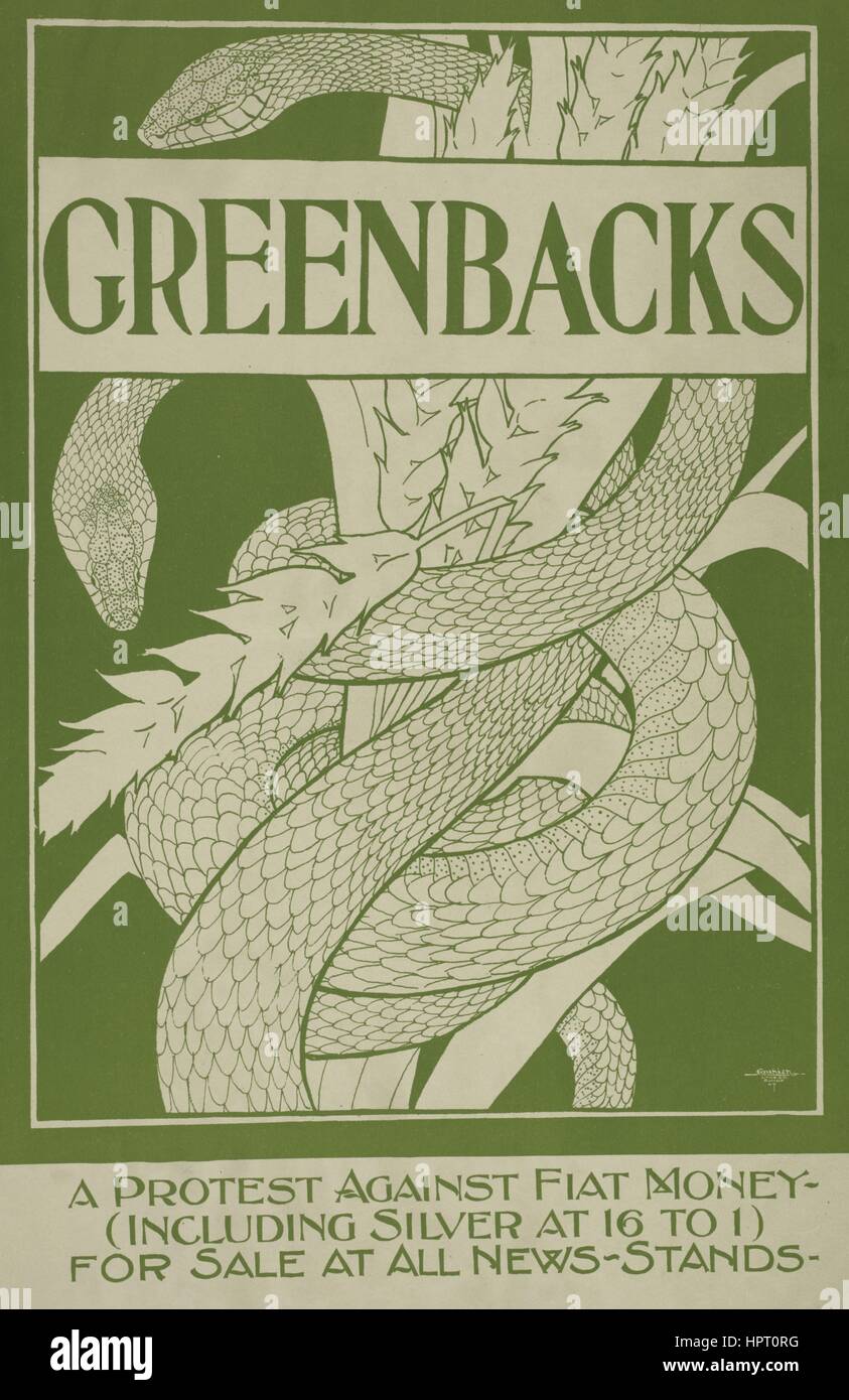 Une affiche publicitaire de l'ouvrage 'Greenbacks, ' qui protestent contre la norme d'argent pour la monnaie, 1903. À partir de la Bibliothèque publique de New York. Banque D'Images