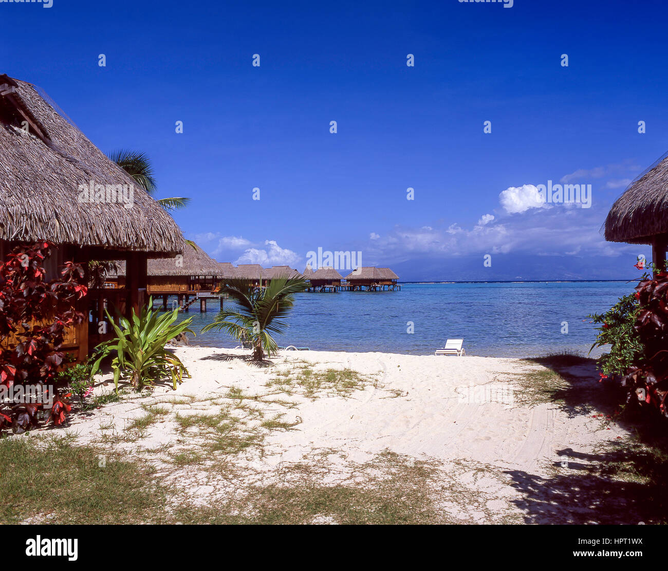 Avis de cabines au-dessus de la mer, l'hôtel Sofitel, Moorea, Polynésie Française, Tahiti Banque D'Images