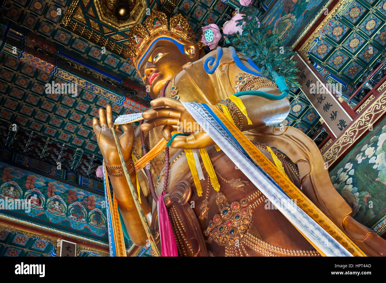 Statue du Bouddha Maitréya dans le hall de l'immense bonheur, lama temple, Beijing Banque D'Images