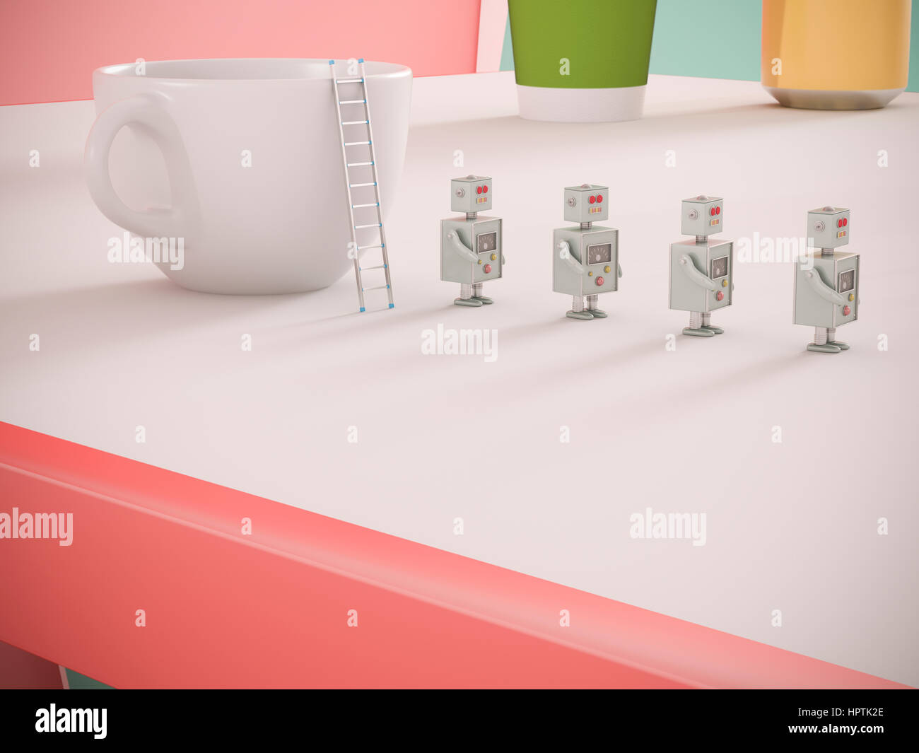 Rangée de quatre robots miniatures sur la table d'examen, rendu 3D Banque D'Images