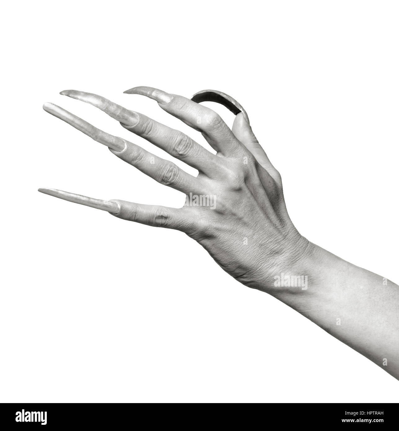 Le moyen format argentique shot. Portrait noir et blanc d'une main d'homme avec une extrême longs ongles contre l'arrière-plan blanc. Banque D'Images