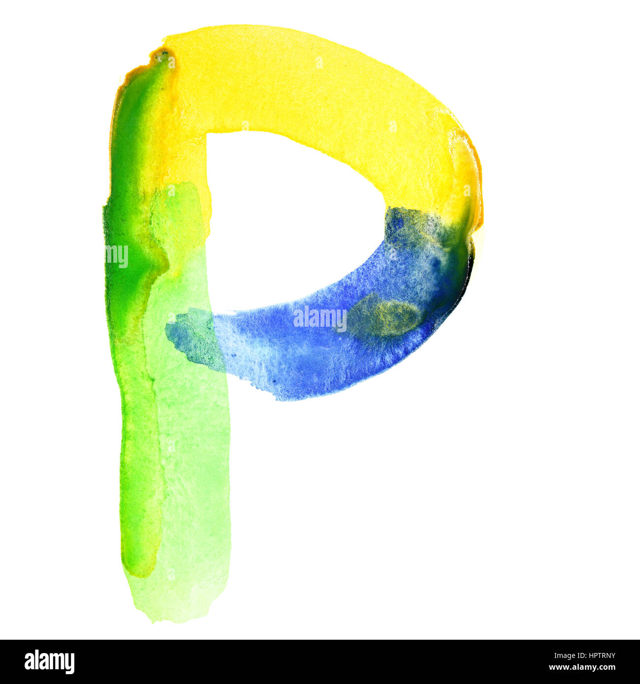 Lettre P - couleurs aquarelle alphabet. Les couleurs ressemblent à drapeau du Brésil Banque D'Images