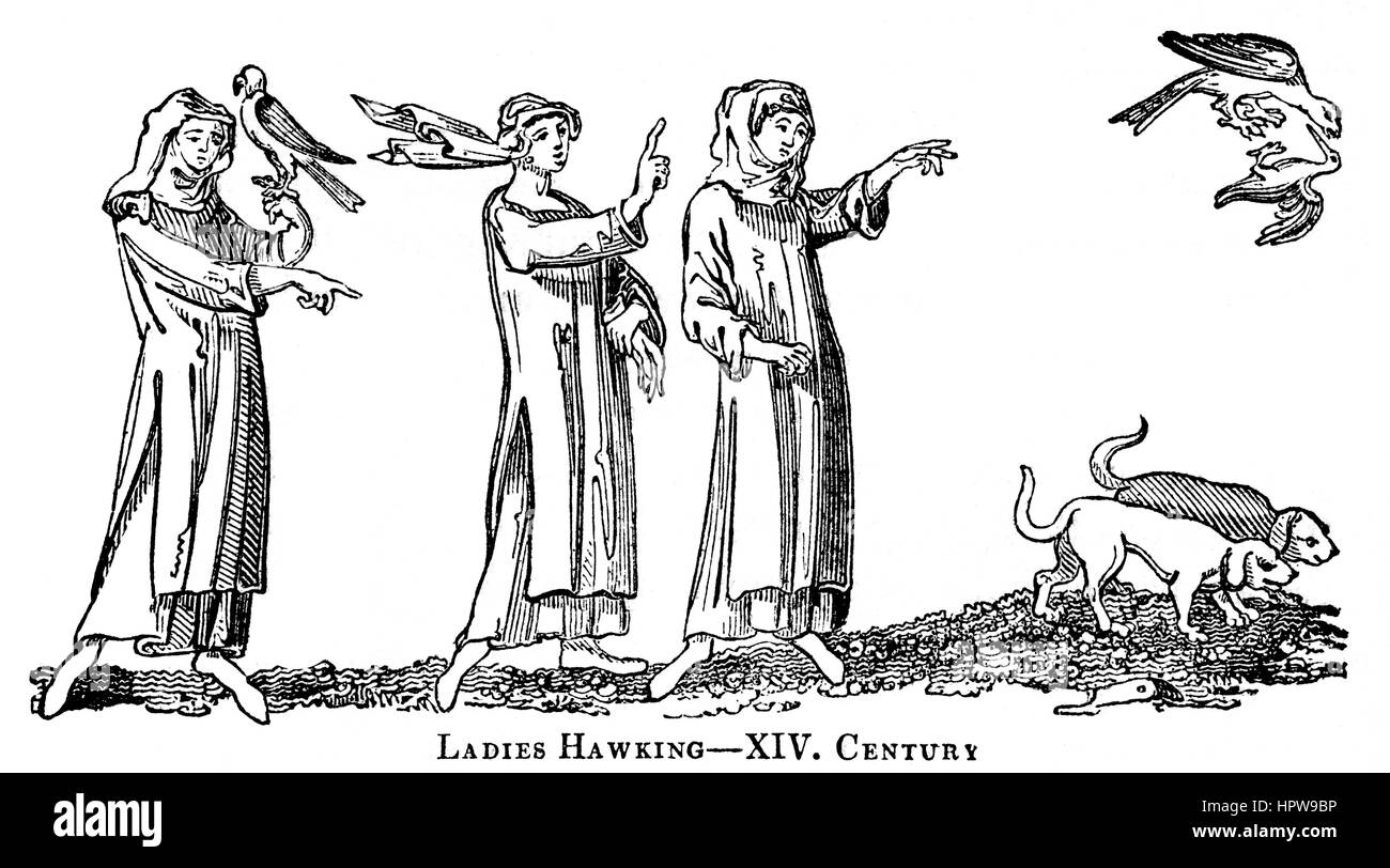 Une illustration de mesdames Hawking dans le 14e siècle numérisées à haute résolution à partir d'un livre imprimé en 1831. Croyait libres de droit. Banque D'Images