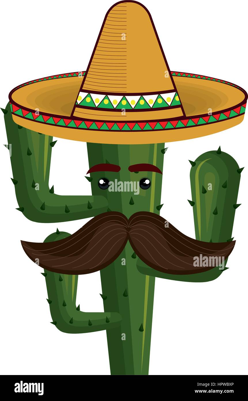 Dessin animé avec cactus Mexican Hat et la moustache Illustration de Vecteur