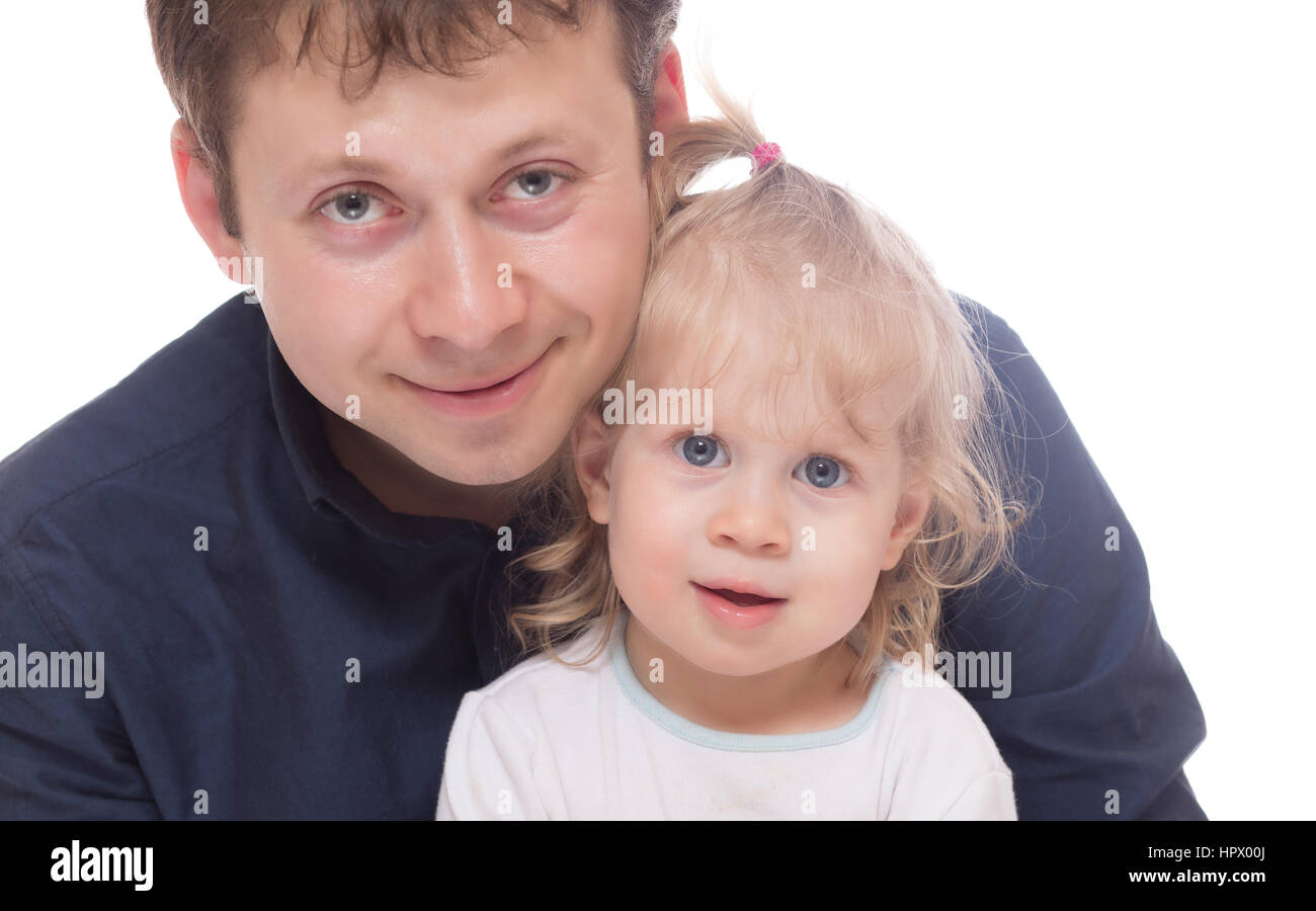 Smiling dad avec sa fille isolé sur fond blanc Banque D'Images