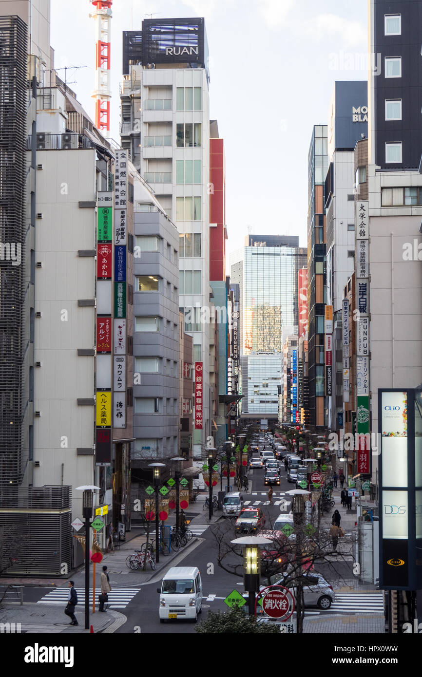 Une longue rue commerçante étroite à Ginza, Tokyo. Banque D'Images