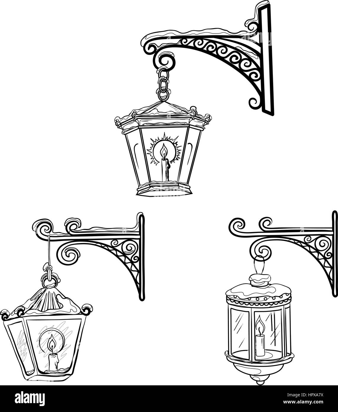 Vintage jeu de lanternes luminescents rue couverte de neige, suspendu à un consoles décoratives. Les contours. Vector Illustration de Vecteur