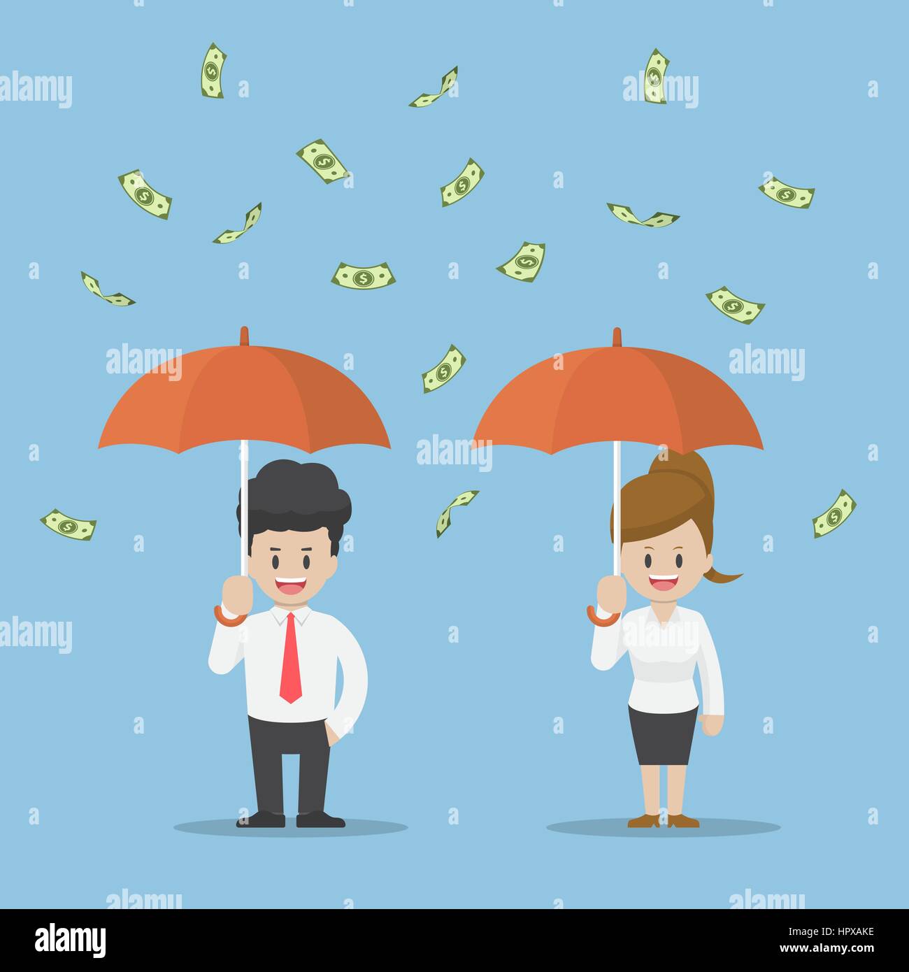 Les gens d'affaires Holding Umbrella et debout sous la pluie d'argent, la réussite de l'entreprise et la richesse Concept Illustration de Vecteur