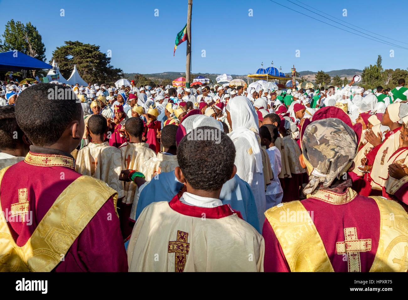 Les chrétiens éthiopiens Timkat (Epiphanie) célèbre Jan, terrain de sport, Meda, Addis Abeba, Ethiopie Banque D'Images