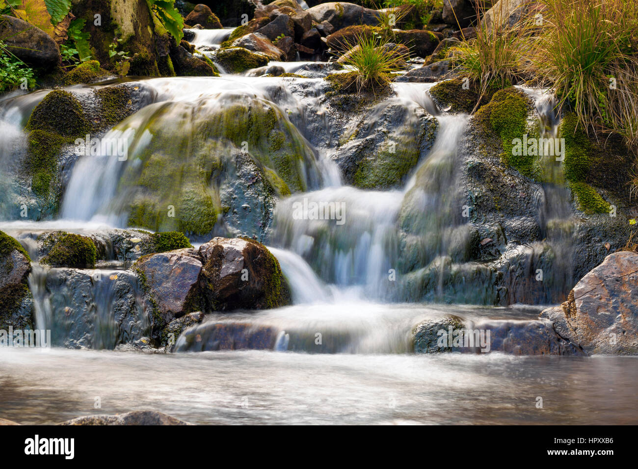 Petite chute dans l'eau lisse avec beau parc. Peu de cascade dans la forêt de montagne avec de l'eau moussante. Banque D'Images