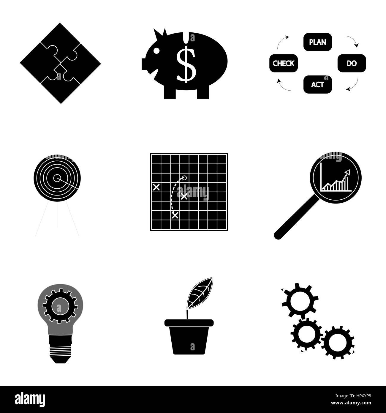 Silhouette noire symbole. La productivité, l'analyse tactique et de développement et l'optimisation, vector illustration Banque D'Images
