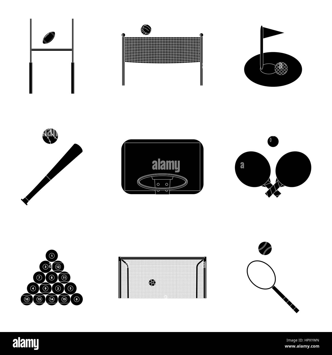 Sport icons set silhouette noire. Snooker et le baseball, le tennis et le billard, vector illustration Banque D'Images
