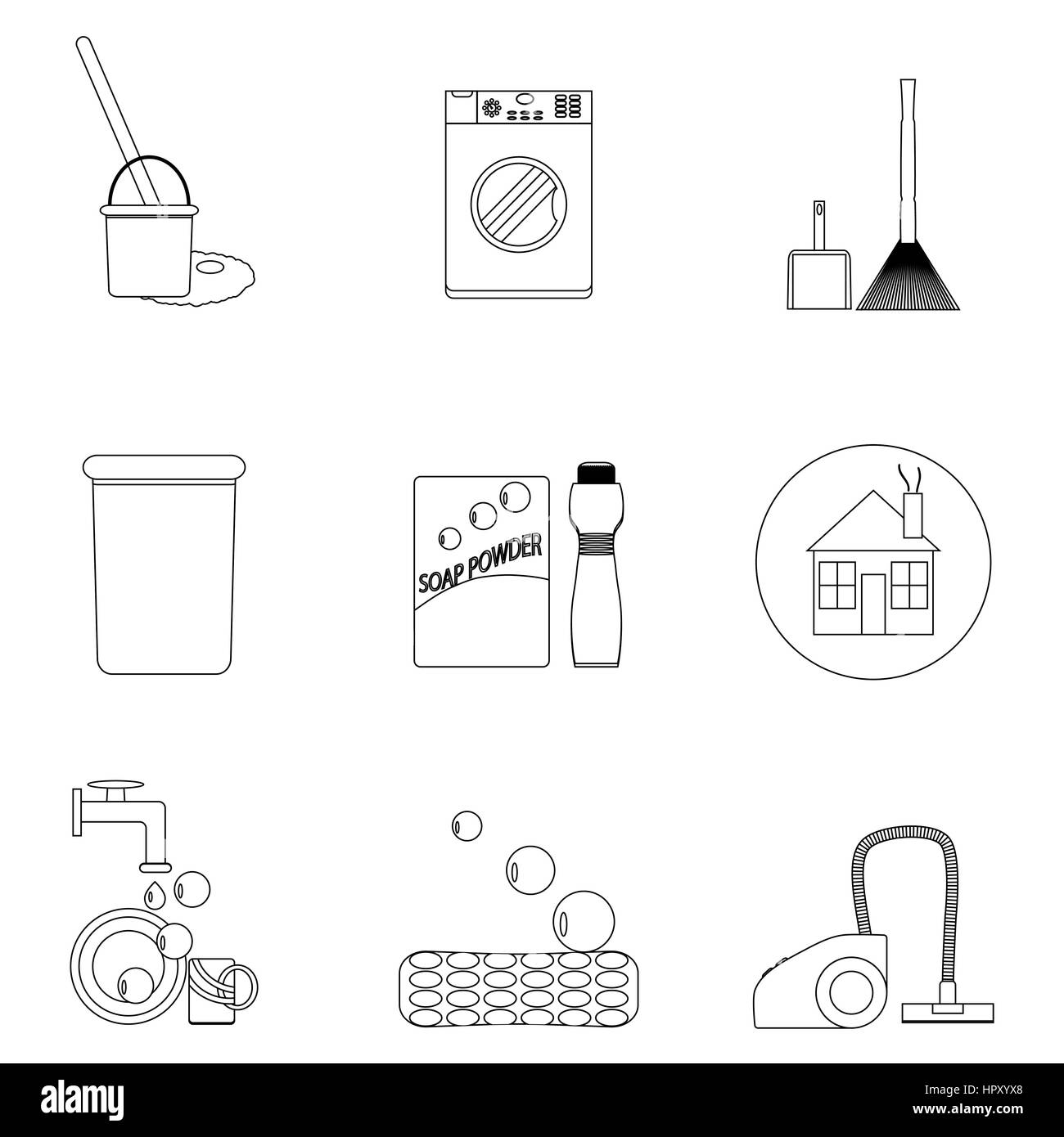 Nettoyage et blanchisserie chambre ligne icon set. Vide et de l'hygiène, l'assainissement propre. Vector illustration Banque D'Images