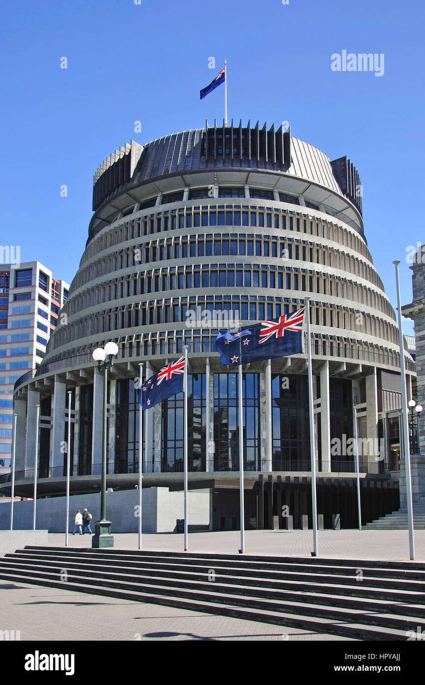 Bâtiment du Parlement « Beehive » du gouvernement néo-zélandais. Lambton Quay, ville de Wellington, région de Wellington, Île du Nord, Nouvelle-Zélande Banque D'Images