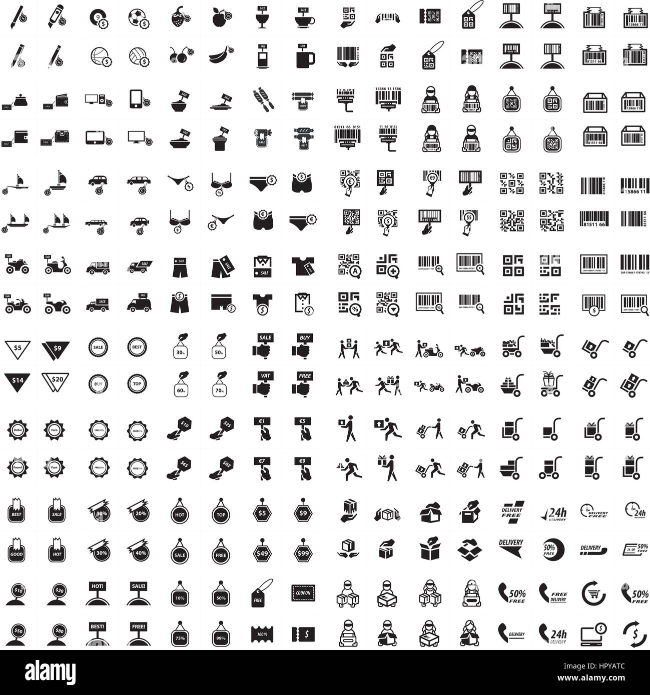Livraison, prix, codes à barres et de shopping set 256 icônes Illustration de Vecteur