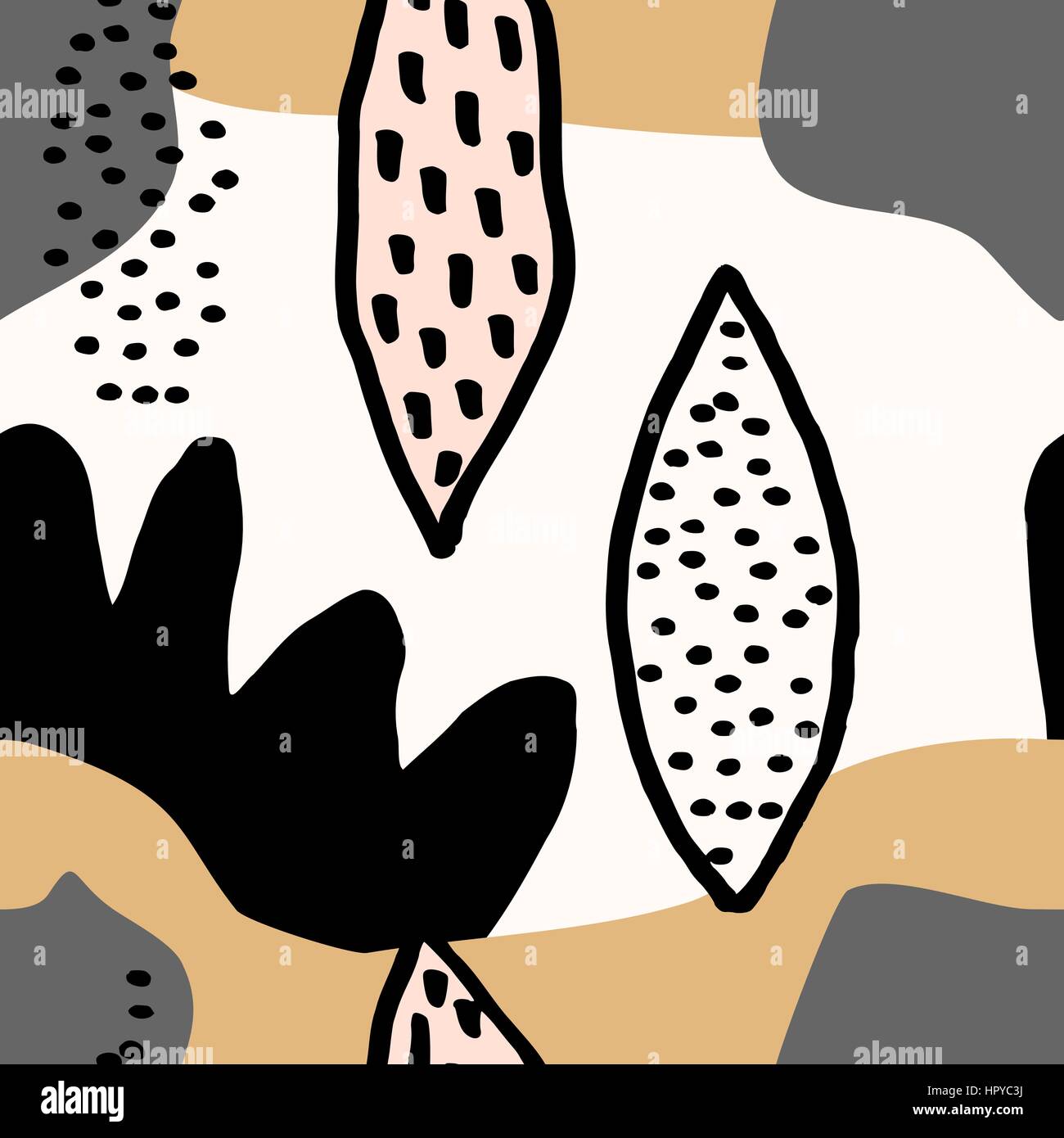 Schéma de répétition sans couture style collage abstrait avec des formes organiques et à la moutarde jaune, gris, noir et crème. Textile moderne et originale, l'emballage Illustration de Vecteur