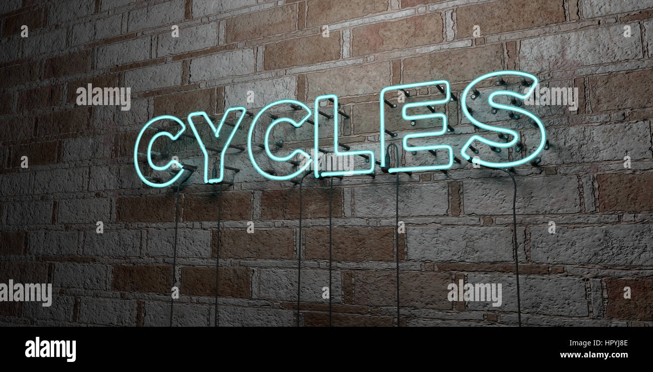 CYCLES - Glowing Neon Sign sur mur en pierre - rendu 3D illustration libres de droits. Peut être utilisé pour des bannières publicitaires en ligne et de publipostage. Banque D'Images CYCLES - Glowing Neon Sign sur mur en pierre - rendu 3D illustration libres de droits. Peut être utilisé pour des bannières publicitaires en ligne et de publipostage. Banque D'Images