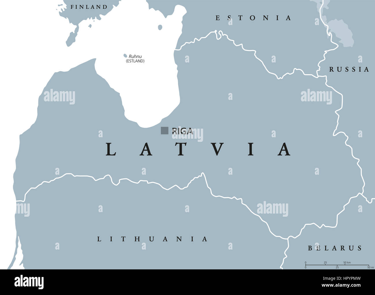 Carte politique de la Lettonie à Riga, capitale des frontières nationales et les pays voisins. Au nord de l'Europe, l'un des trois Etats baltes. Banque D'Images