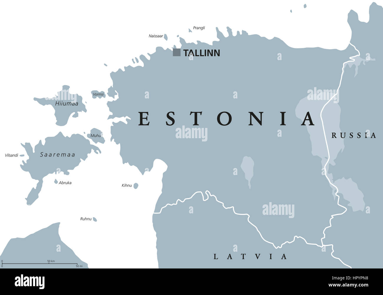 Carte politique de l'Estonie avec capitale de l'Estonie, les frontières nationales et les pays voisins. Au nord de l'Europe, l'un des trois Etats baltes. Banque D'Images
