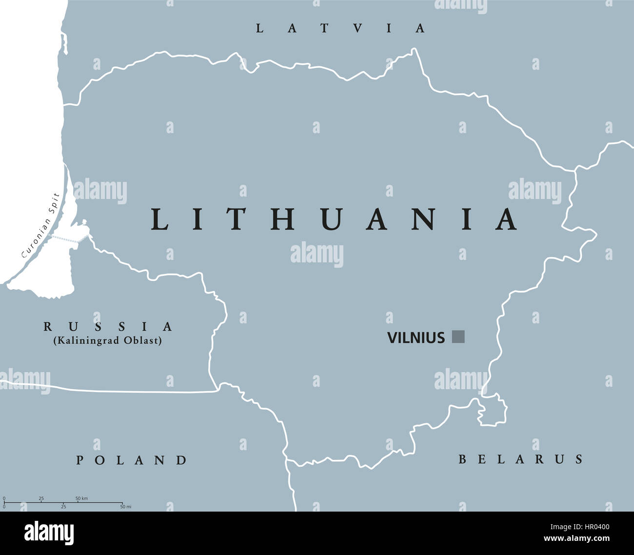 Carte politique de la Lituanie, Vilnius, la capitale avec les frontières nationales et les pays voisins. Au nord de l'Europe, l'un des trois états baltes. Banque D'Images