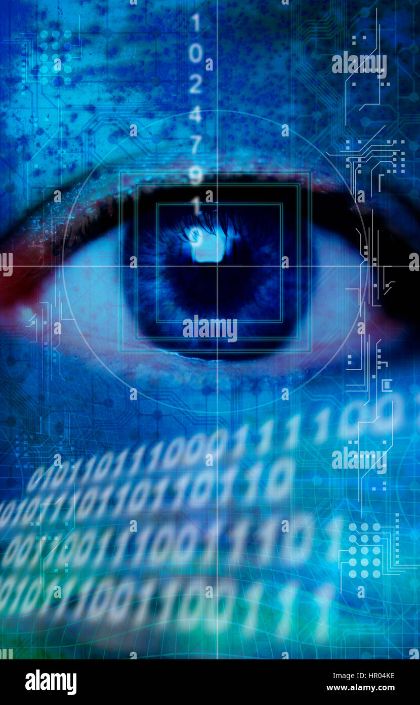 Blue Eye avec symboles électroniques, les grilles et les numéros comme concept pour le vol d'identité et d'analyse biométrique Banque D'Images