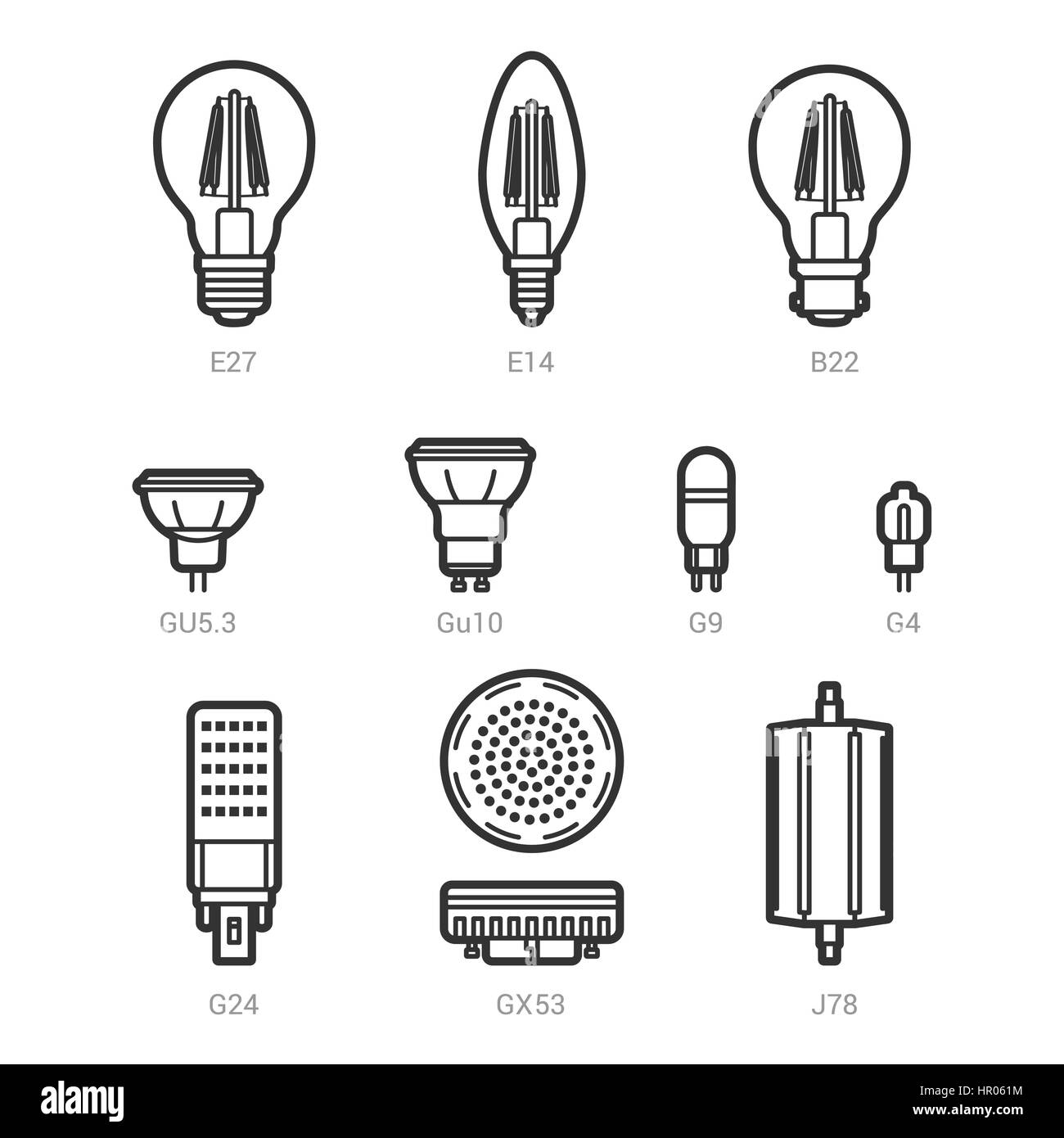 Douille lampe ampoule contour vector icon set sur fond blanc Illustration de Vecteur