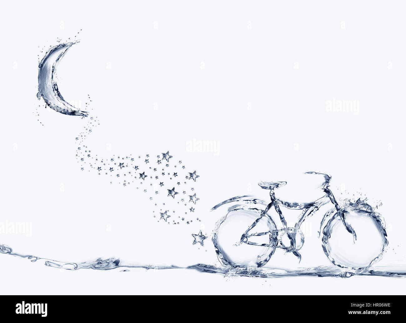 Un vélo fait d'eau pour représenter l'utilisation de moyens de transport avec un parapluie sous un star trail. Banque D'Images