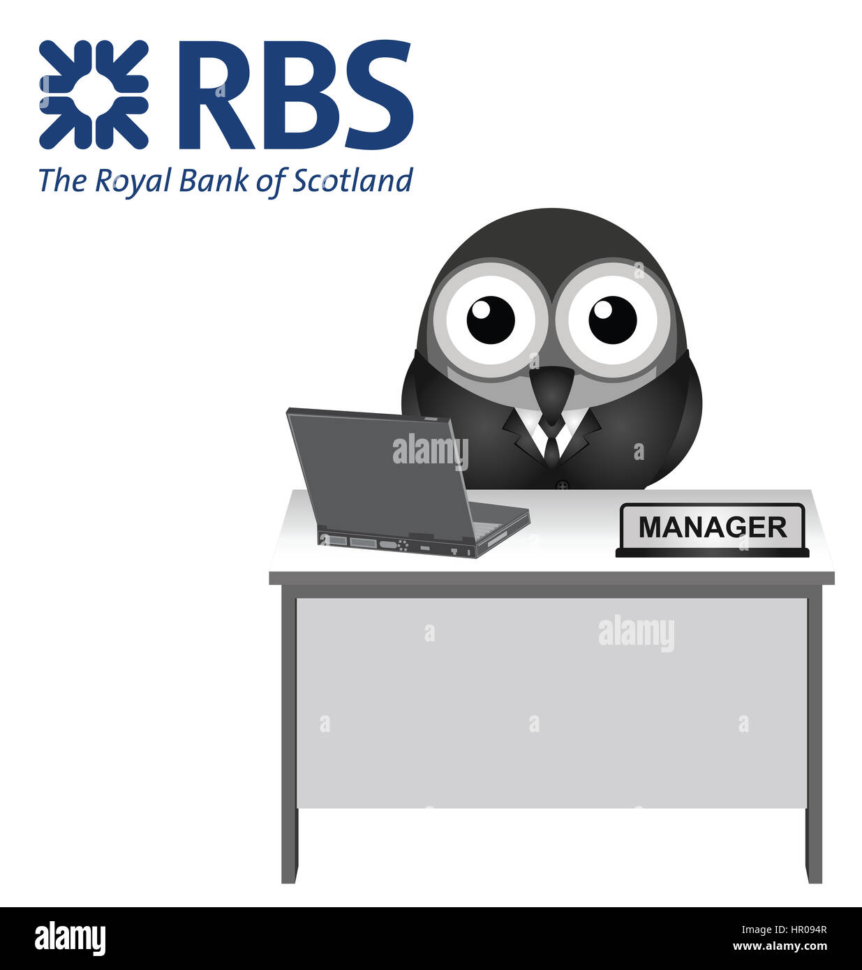 La Royal Bank of Scotland, RBS, la représentation d'un gérant de banque s'assit à son bureau Banque D'Images
