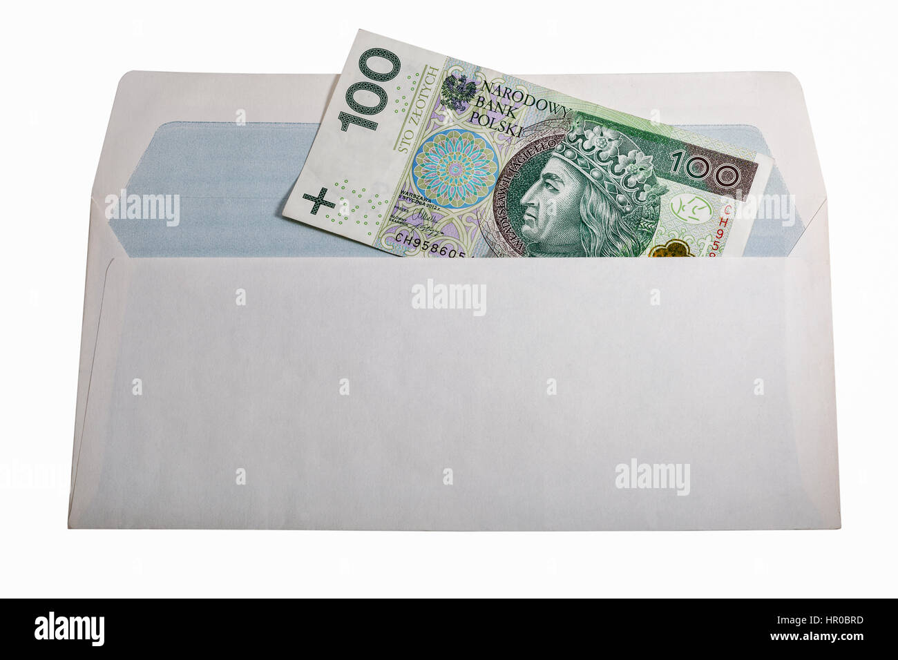 Zloty polonais une centaine d'euros dans l'enveloppe de papier isolé sur fond blanc libre with copy space Banque D'Images