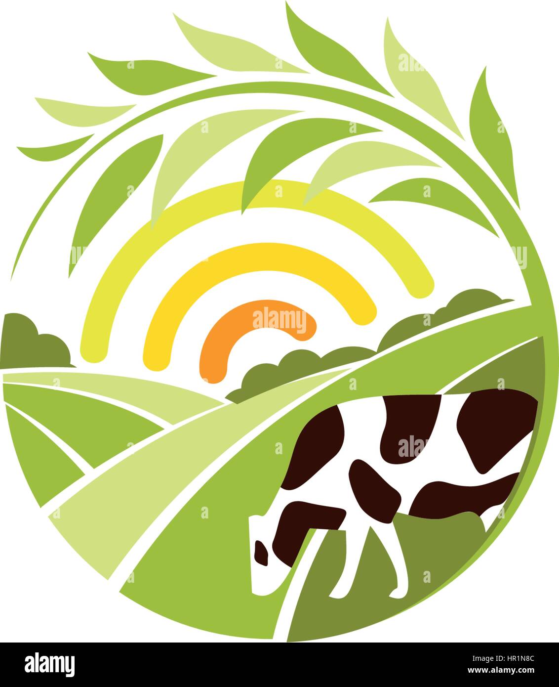 Forme ronde résumé isolé paysage rural avec Sun, pré vert et le logo de la vache, l'agriculture biologique logo vector illustration. Illustration de Vecteur