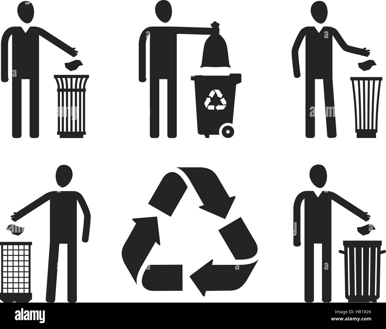 Poubelle ou bin avec figure humaine. Le recyclage, ne pas jeter ensemble  d'icônes ou symboles. Vector illustration Image Vectorielle Stock - Alamy