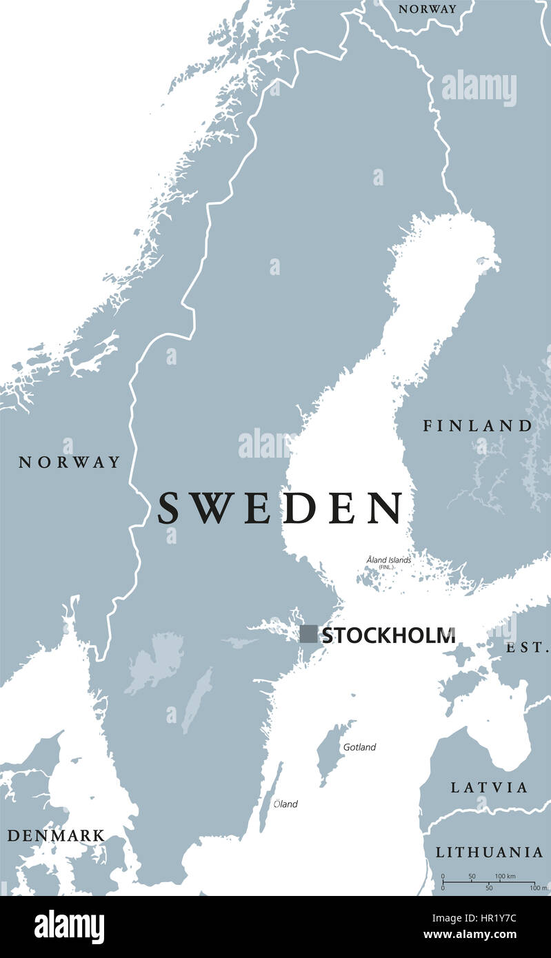 Carte politique de la Suède à Stockholm, capitale des frontières nationales et des voisins. Royaume Uni et pays scandinaves en Europe du Nord. Banque D'Images
