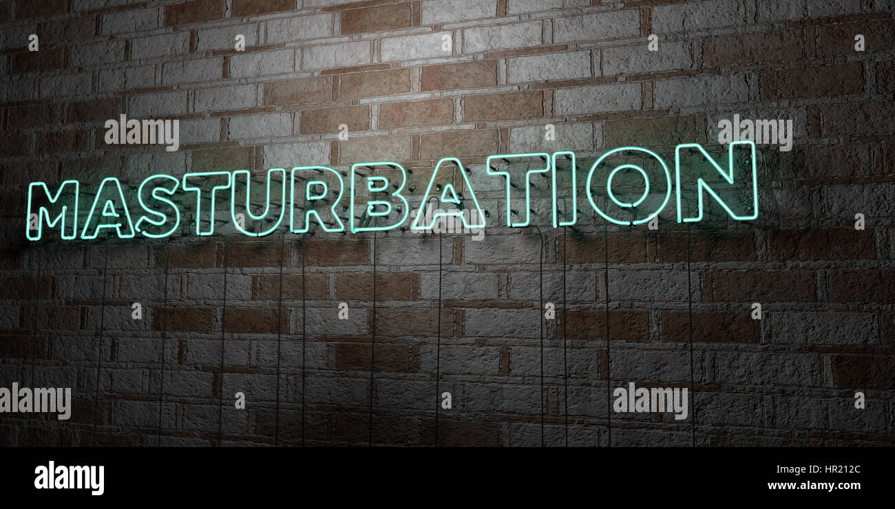 MASTURBATION - Glowing Neon Sign sur mur en pierre - rendu 3D illustration libres de droits. Peut être utilisé pour des bannières publicitaires en ligne et courrier direct Banque D'Images