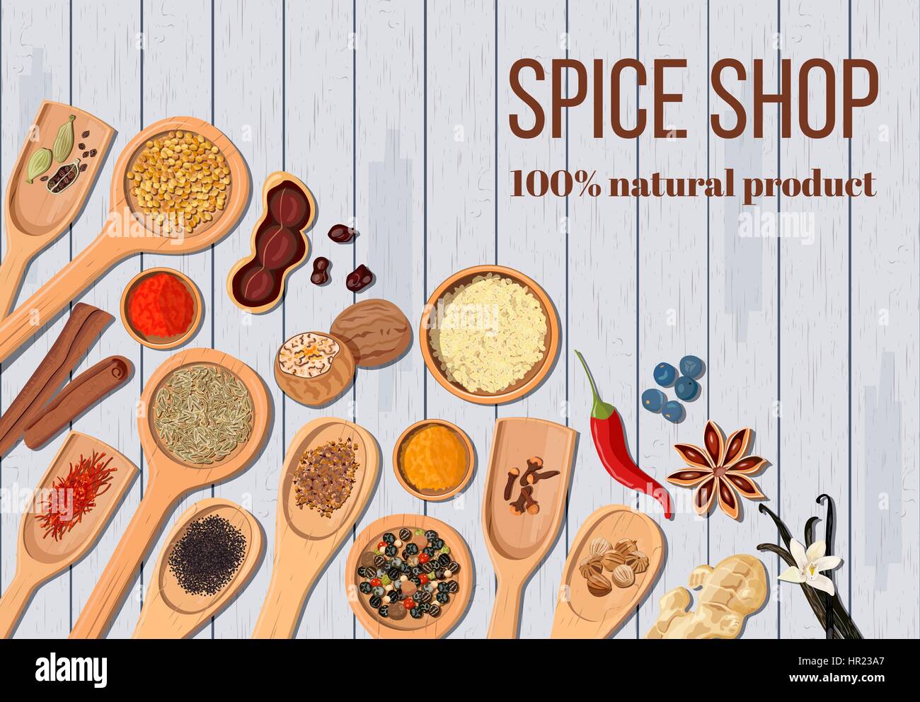 Cuillères en bois et des bols à épices culinaires populaires réaliste sur le bois blanc en détresse. Shop logo. Le poivre, le paprika, la muscade, l'anis, etc. pour la santé c Illustration de Vecteur